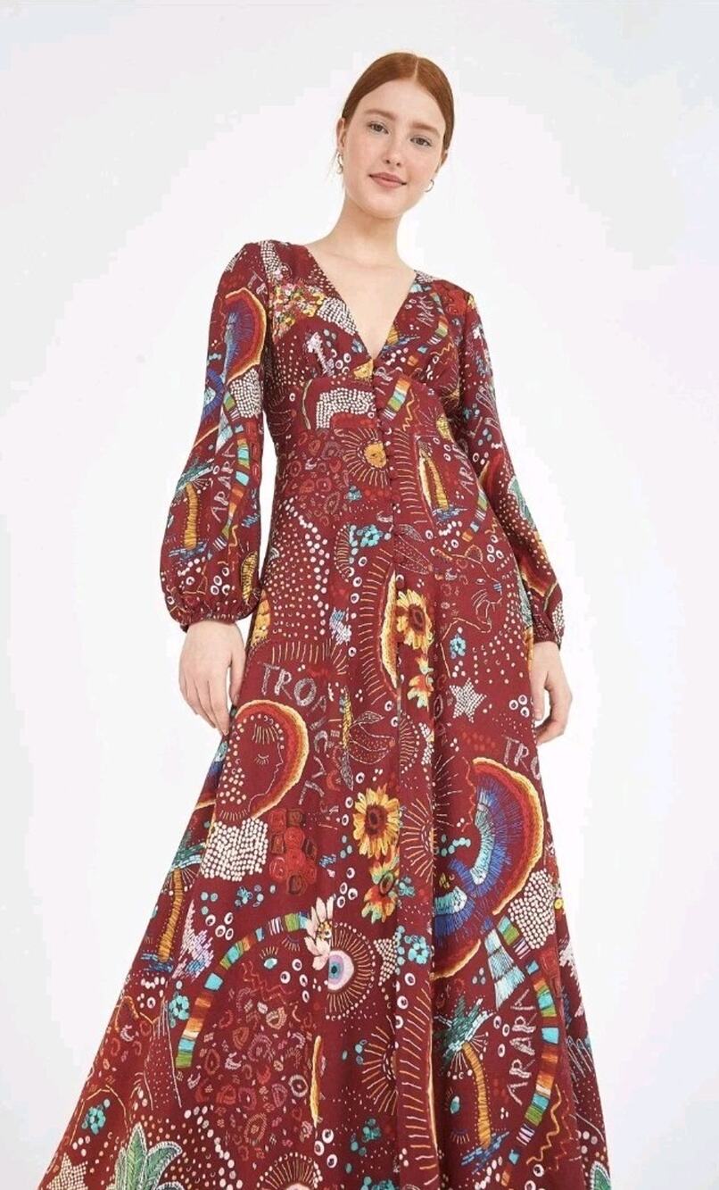 FARM Rio Borogodo Burgundy Maxi Dress Size S Long Sleeve Ojo Eye Pineapple